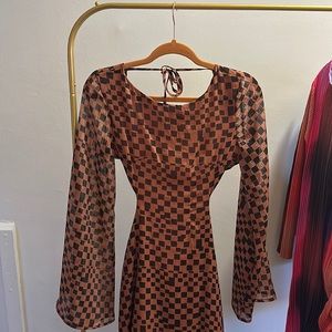 Orange & Black Checkered Backless Maxi Dress.